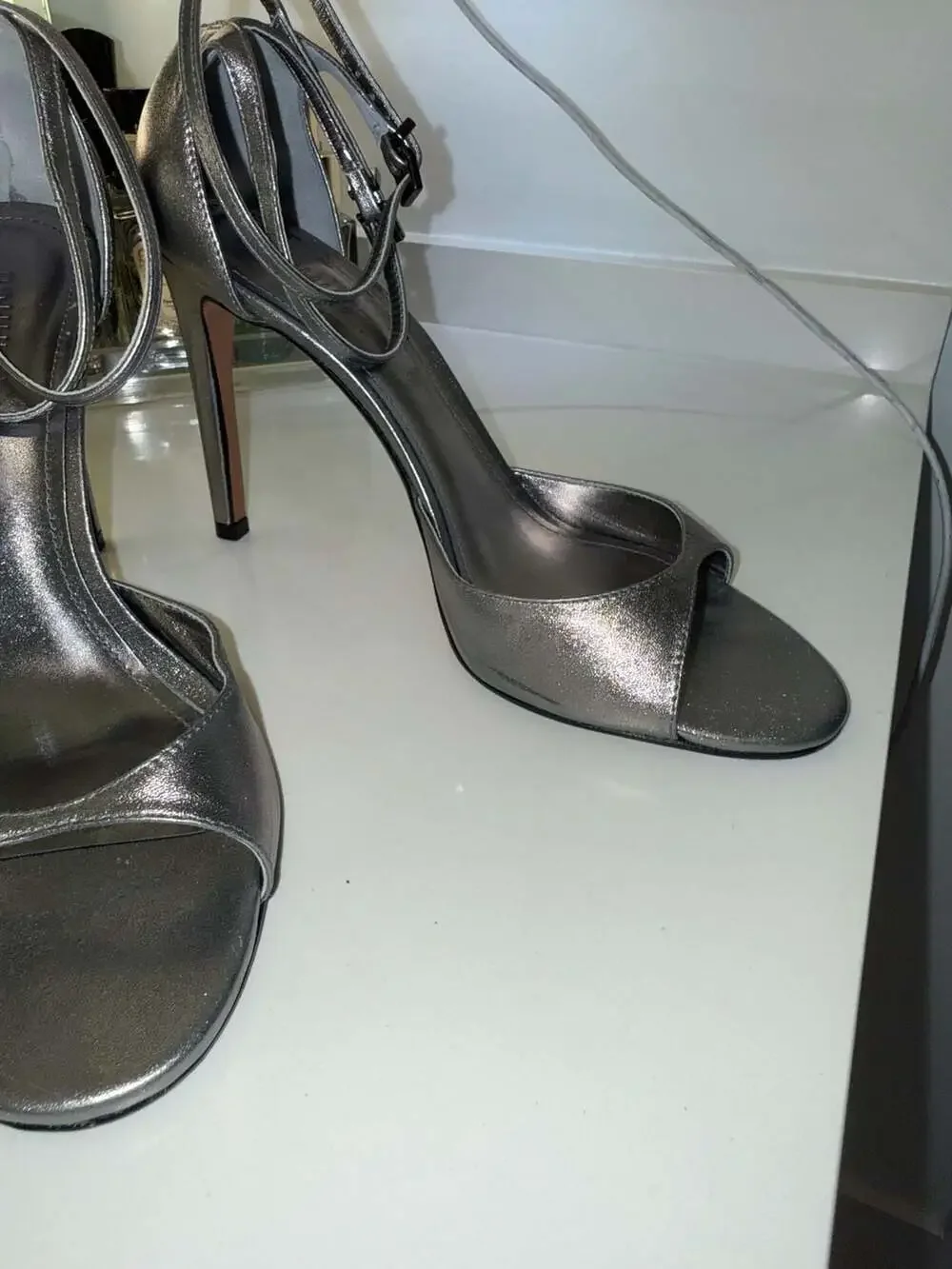 Schutz Metallic Silver Ankle Strap Stiletto Heels Size 9.5B